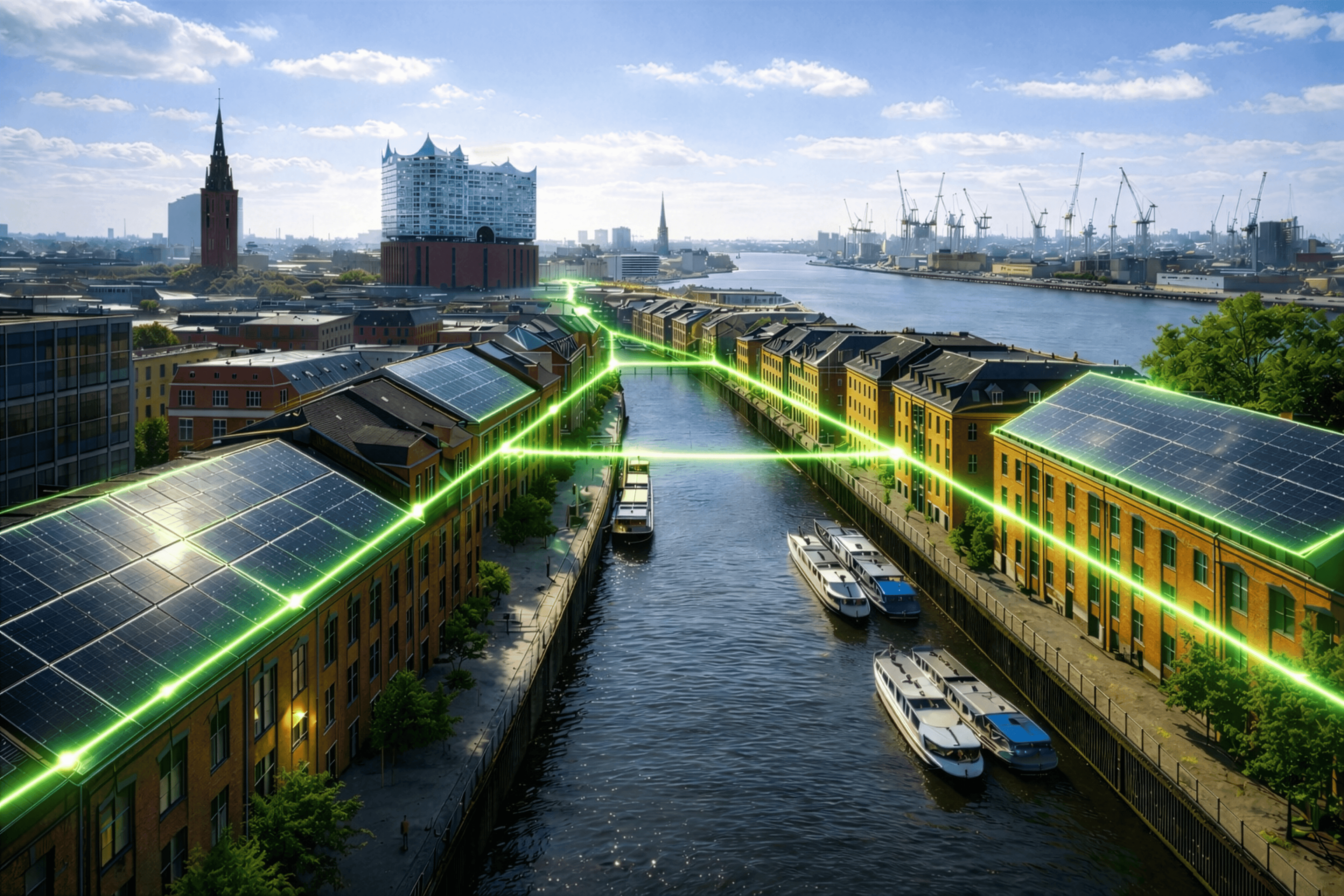 Hamburg cityscape with solar panels - Craftum energy solutions