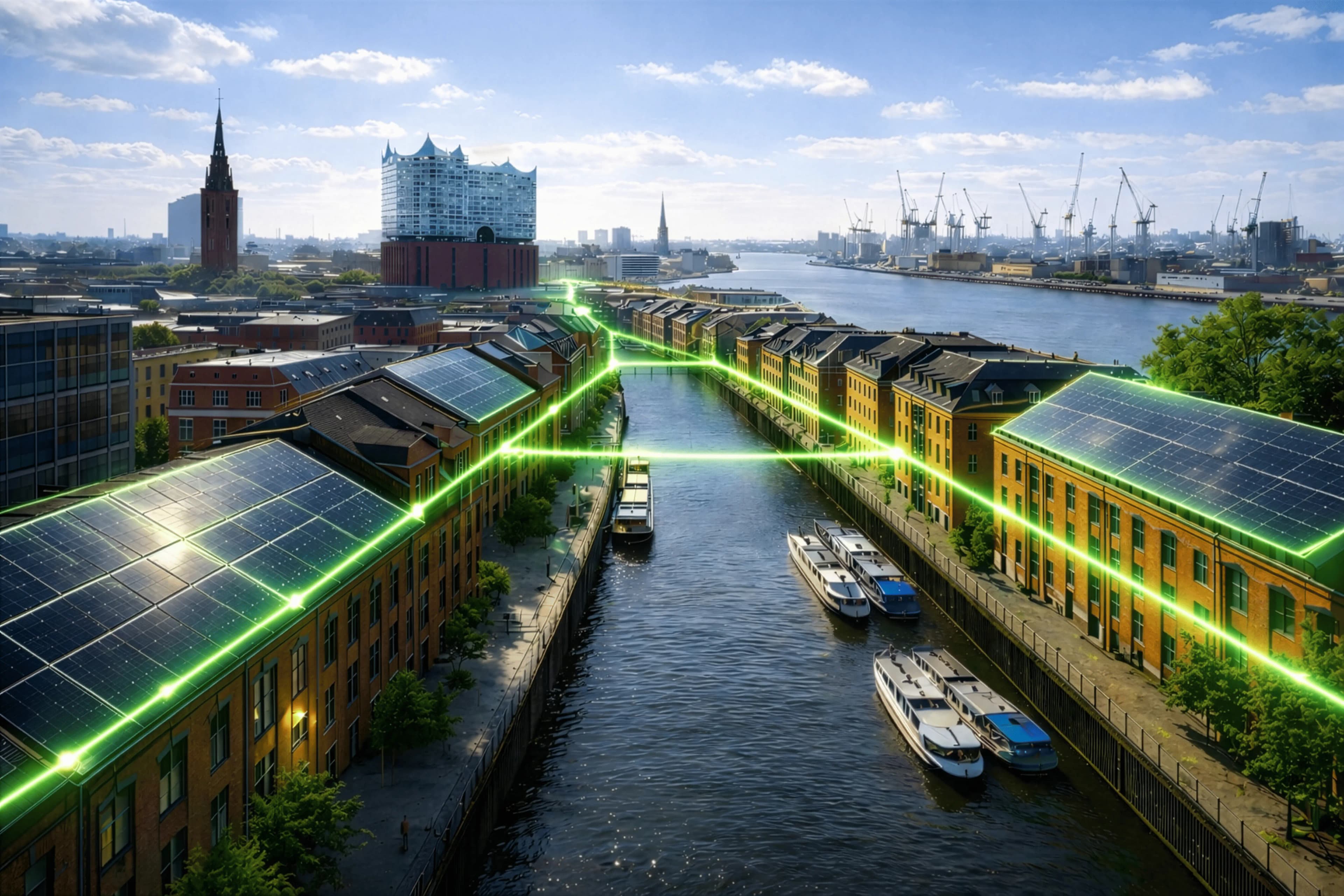 Hamburg cityscape with solar panels - Craftum energy solutions