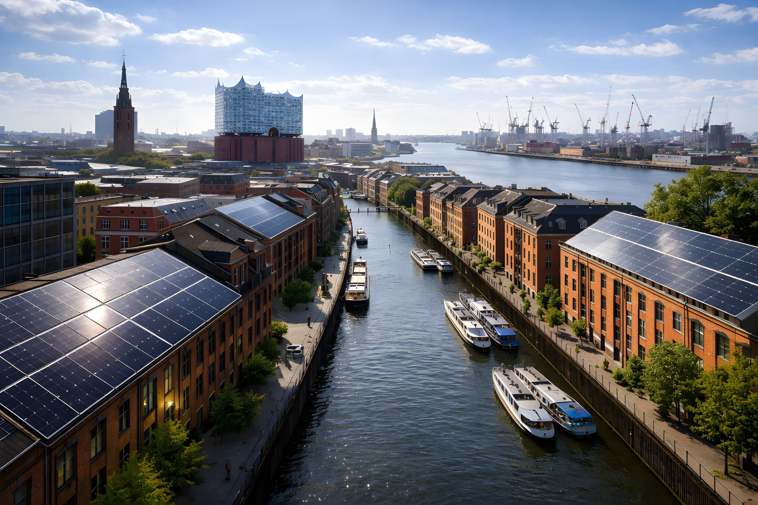 Hamburg cityscape with solar panels - Craftum energy solutions